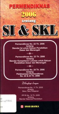 PERMENDIKNAS 2006 Tentang SI & SKL: Permendiknas no.22 th.2006 tentang Standar Isi untuk Satuan Pendidikan Dasar dan Menengah : Permendiknas no.23 th.2006 tentang Standar Kompetensi Lulusan untuk Satuan Pendidikan Dasar dan Menengah