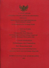Rancangan Undang-Undang Republik Indonesia tentang Pengakuan dan Perlindungan Masyarakat Adat (versi tambahan dari Komnas HAM); Kertas Posisi tentang Tinjauan Hak Asasi Manusia atas Rancangan Undang-Undang Pengakuan dan Perlindungan Masyarakat Adat; Hasil Penelitian Perlindungan dan Pemenuhan Hak Masyarakat Adat (Studi pada Masyarakat Adat Baduy-Lebak, Kampung Dukuh-Garut, dan Sedulur Sikep-Pati)